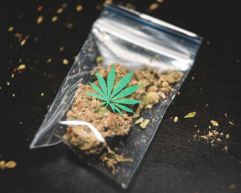 A close-up shot of a small plastic bag filled with cannabis buds, featuring a green marijuana leaf symbol printed on the bag, set against a dark background with scattered cannabis crumbs, symbolizing the packaging and distribution of cannabis.