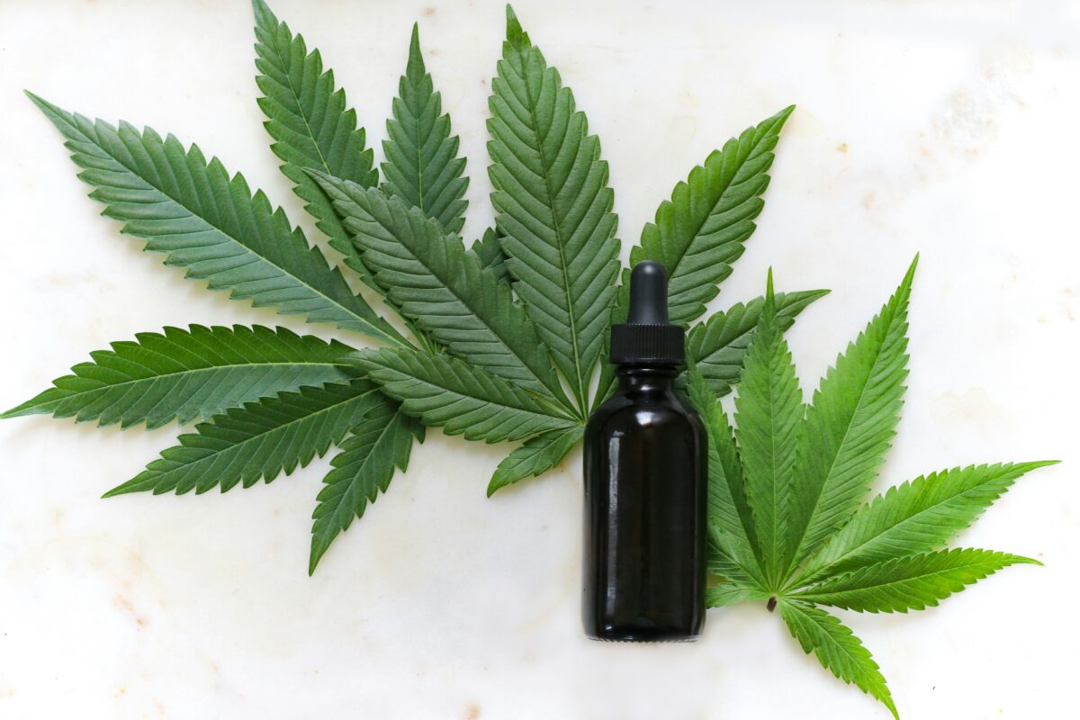 A black glass dropper bottle is placed on a white surface, surrounded by large, vibrant green cannabis leaves. The arrangement of the leaves forms a fan shape around the bottle, creating a natural and organic aesthetic. The scene emphasizes the connection between cannabis and wellness products.