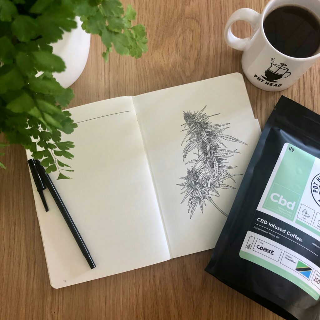 A top-down view of a wooden table featuring an open notebook with a detailed sketch of a cannabis plant, a black pen resting on the left page. To the right, there is a package of CBD-infused coffee labeled 'Pot Head,' next to a white coffee mug with 'Pot Head' written on it, filled with black coffee. A green potted plant partially enters the frame from the left side, adding a touch of greenery to the scene.