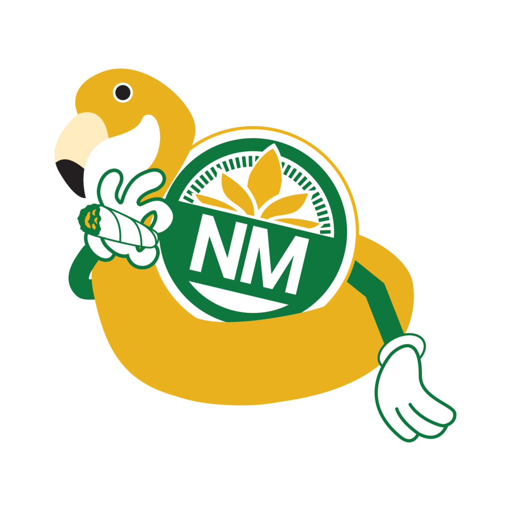 Nature Med mascot illustration featuring a cheerful yellow bird holding a cannabis pre-roll, with the NM logo displayed on its body.
