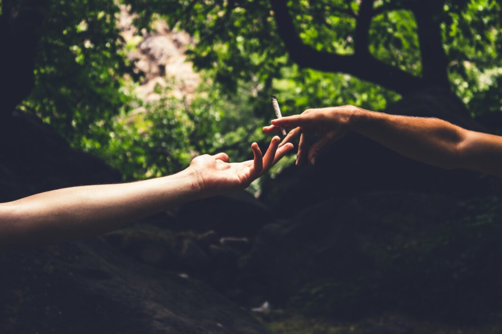 louis-hansel-SwO3r4BUl1I-unsplash - Nature Med Dispensaries Two hands reaching out to pass a lit cannabis pre-roll in an outdoor setting, evoking a sense of connection and tranquility surrounded by lush green foliage.