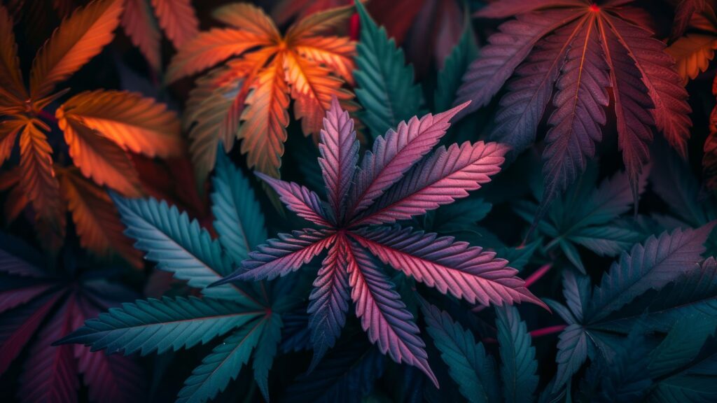 6 - Nature Med Dispensaries Close-up of vibrant cannabis leaves in a spectrum of colors, including deep blues, purples, and fiery oranges, creating a stunning, artistic display of natural beauty.