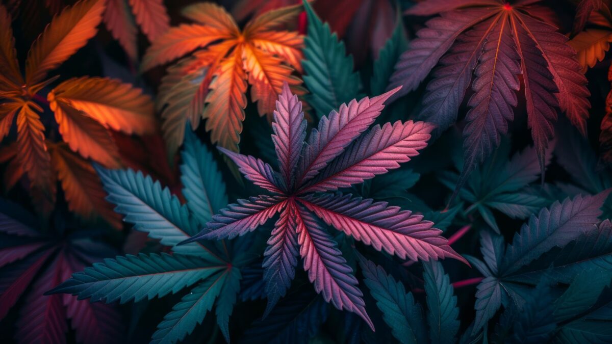 Close-up of vibrant cannabis leaves in a spectrum of colors, including deep blues, purples, and fiery oranges, creating a stunning, artistic display of natural beauty.