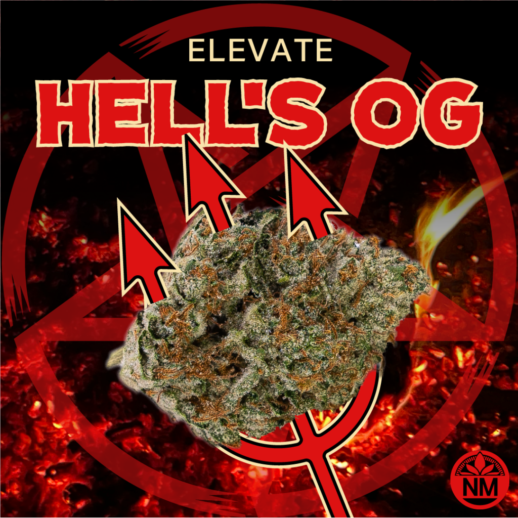 Hells-OG - Nature Med Dispensaries Hell’s OG cannabis strain from Elevate displayed in a fiery, devil-themed design with a red trident, flames, and dark pentagram background, evoking a bold and intense Halloween atmosphere.