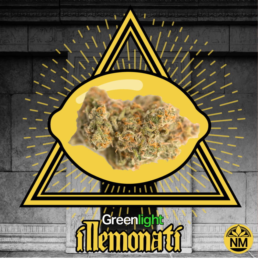Illemonati-Strain - Nature Med Dispensaries Lemonatti cannabis strain from Greenlight featured in a mysterious, Illuminati-inspired design with a bright yellow lemon, triangle, and radiant lines, giving a fun and conspiratorial vibe.