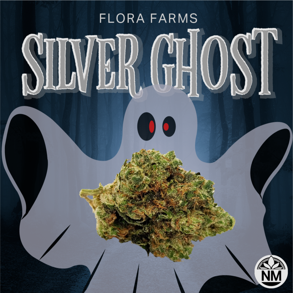 Silver-Ghost - Nature Med Dispensaries Silver Ghost cannabis strain from Flora Farms featured in a Halloween-themed design with a cartoon ghost and eerie forest background, adding a spooky, playful vibe.