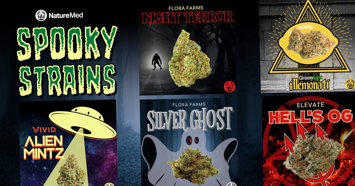 Collage of Halloween-themed cannabis strains from Nature Med dispensary, featuring spooky strain names like Alien Mintz, Night Terror, Silver Ghost, Hells OG, and Lemonatti. Each strain is displayed with unique graphics like UFOs, ghosts, and fiery backgrounds, creating a fun and eerie vibe for the Halloween season.
