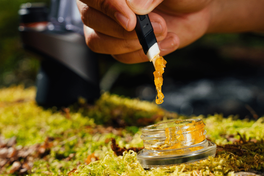 image of a cannabis concentrate jar on a grassy area with a hand holding a black hot knife that has a scoop of the golden cannabis concentrate hanging off. another cannabis smoking device can be seen in the background.