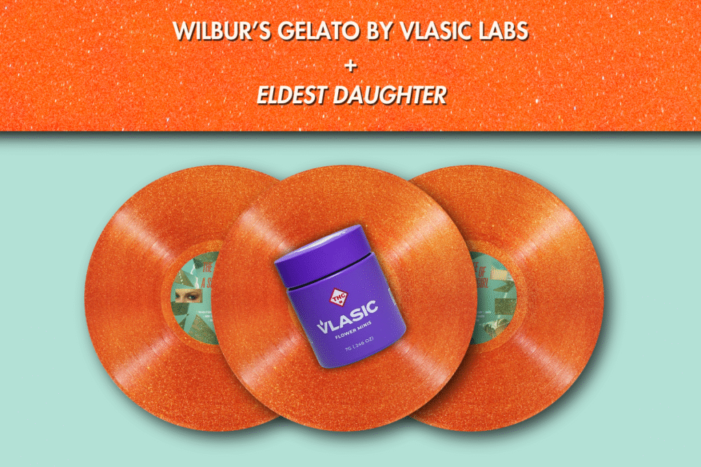 - Nature Med Dispensaries Three orange glittery vinyl records with a white "Royal" brand vape cartridge placed vertically on top of the middle record. Text at the top of the image reads "GLITTER BOMB BY ROYAL + THE LIFE OF A SHOWGIRL FT. SABRINA CARPTENER".