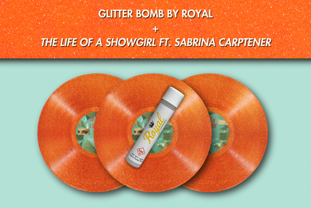 - Nature Med Dispensaries Three orange glittery vinyl records with a purple "Vlasic Labs" flower minis container placed vertically on top of the middle record. Text at the top of the image reads "WILBUR'S GELATO BY VLASIC LABS + ELDEST DAUGHTER".