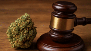 A close-up shot of a wooden gavel next to a single cannabis bud on a wooden table. The image represents the intersection of law and cannabis.