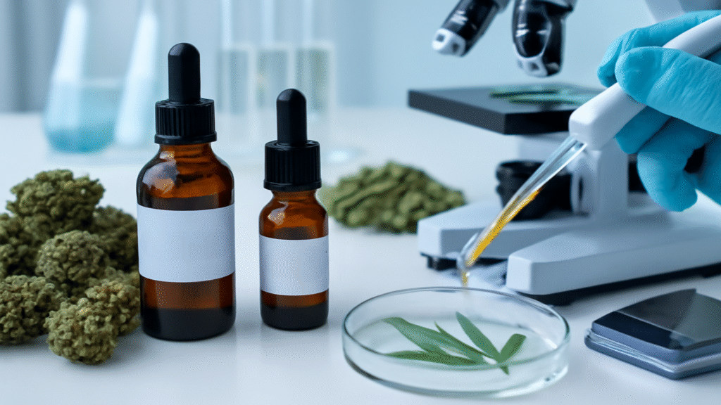 A person in a lab coat and blue glove uses a pipette to put a drop of liquid into a petri dish containing a cannabis leaf. Two amber dropper bottles with blank labels are in the foreground, and a microscope is in the background. The image represents the scientific and medical research of cannabis.
