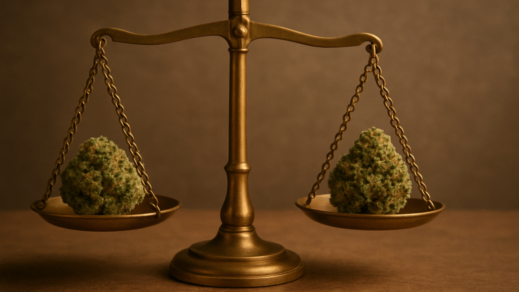 A set of old-fashioned brass scales of justice with a large cannabis bud in each tray, perfectly balanced. The image symbolizes the legal considerations and fairness surrounding cannabis.