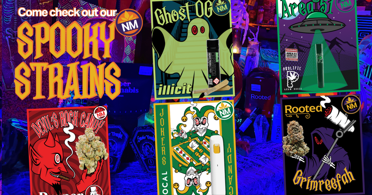 Halloween-themed cannabis blog banner showcasing five spooky strains: Devil's Rock Candy, Ghost OG, Jokers Candy, Area 51, and Grimreefer. The image features a neon "SPOOKY STRAINS" title and products from brands like Proper, illicit, Local, Prolific Grow House, and Rooted.
