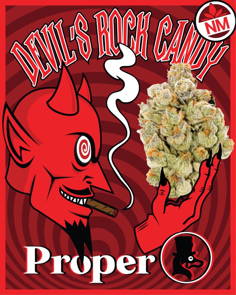 Devil's Rock Candy strain bud from Proper, showing a red devil figure with a cigar and a hand holding a highly frosted cannabis nugget. Halloween themed marijuana.