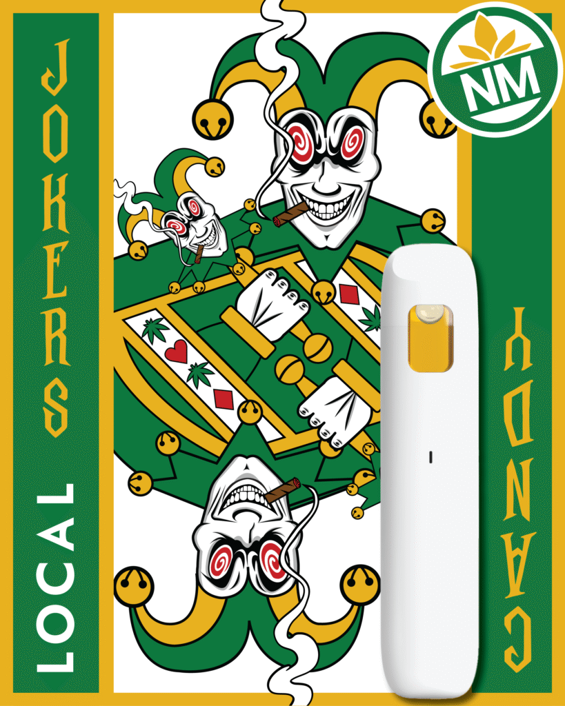 Jokers Candy vape cartridge from Local, featuring a spooky, jester-themed playing card design. Vape strain for a Halloween blog post.