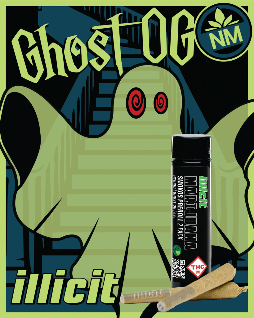 Ghost OG hybrid pre-roll 2-pack by illicit, with a large, translucent ghost figure. Best ghost strain for Halloween.