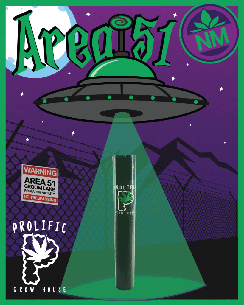 Area 51 cannabis pre-roll by Prolific Grow House, with a UFO, fence warning sign, and a mysterious green light beam. Spooky strain for Halloween.