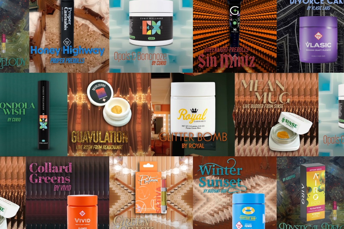 This image showcases a variety of cannabis products, including flower, live resin, and vape cartridges/pens, with different brand and strain names visible. The goal is to connect these products to a blog post about pairing strains with the tracks from Taylor Swift's (fictional) new album, "The Life of a Showgirl."