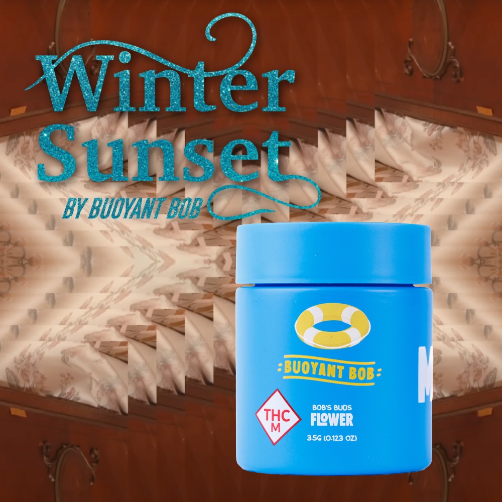 Buoyant Bob flower jar for the Winter Sunset cannabis strain, paired with Taylor Swift's "Ruin The Friendship" from The Life of a Showgirl album.