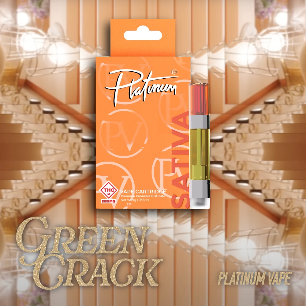 Platinum Vape Sativa cartridge, 1000mg size, featuring the Green Crack cannabis strain for actually romantic by taylor swift from the life of a showgirl