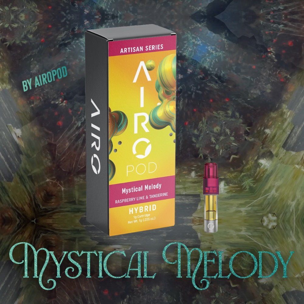 AiroPod Artisan Series Hybrid vape cartridge and packaging for the Mystical Melody (Raspberry Lime & Tangerine) flavor for the fate of ophelia by taylor swift from the life of a showgirl