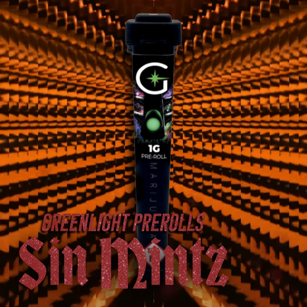 Greenlight Pre-roll tube, 1g size, featuring the Sin Mintz cannabis strain, paired with the song 'Cancelled' from the Taylor Swift album.