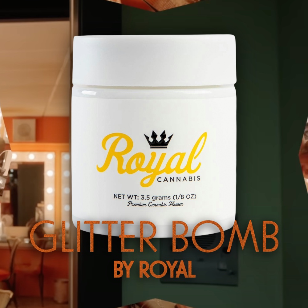Royal Cannabis flower jar, 3.5g size, for the Premium cannabis strain Glitter Bomb for the life of a showgirl featuring sabrina carpenter by taylor swift from the life of a showgirl album