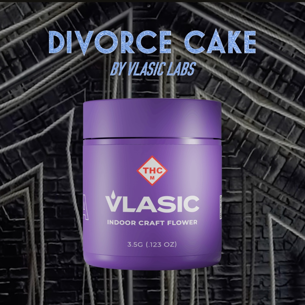 Vlasic Labs Indoor Craft Flower jar, 3.5g size, for the Divorce Cake cannabis strain, paired with the song 'Elizabeth Taylor' from the Taylor Swift album.