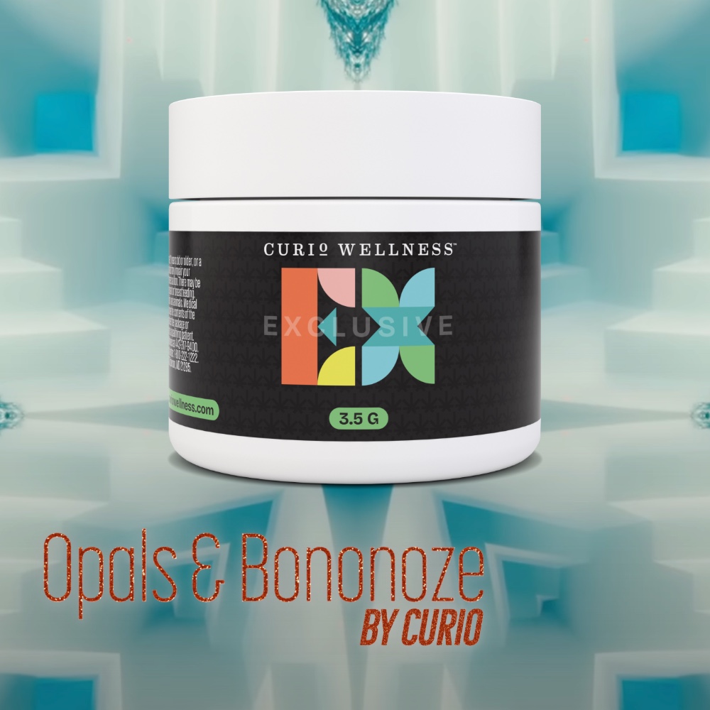 Curio Wellness Exclusive flower jar of Opals & Bononoze cannabis strain, 3.5g size for opalite by taylor swift from the life of a showgirl
