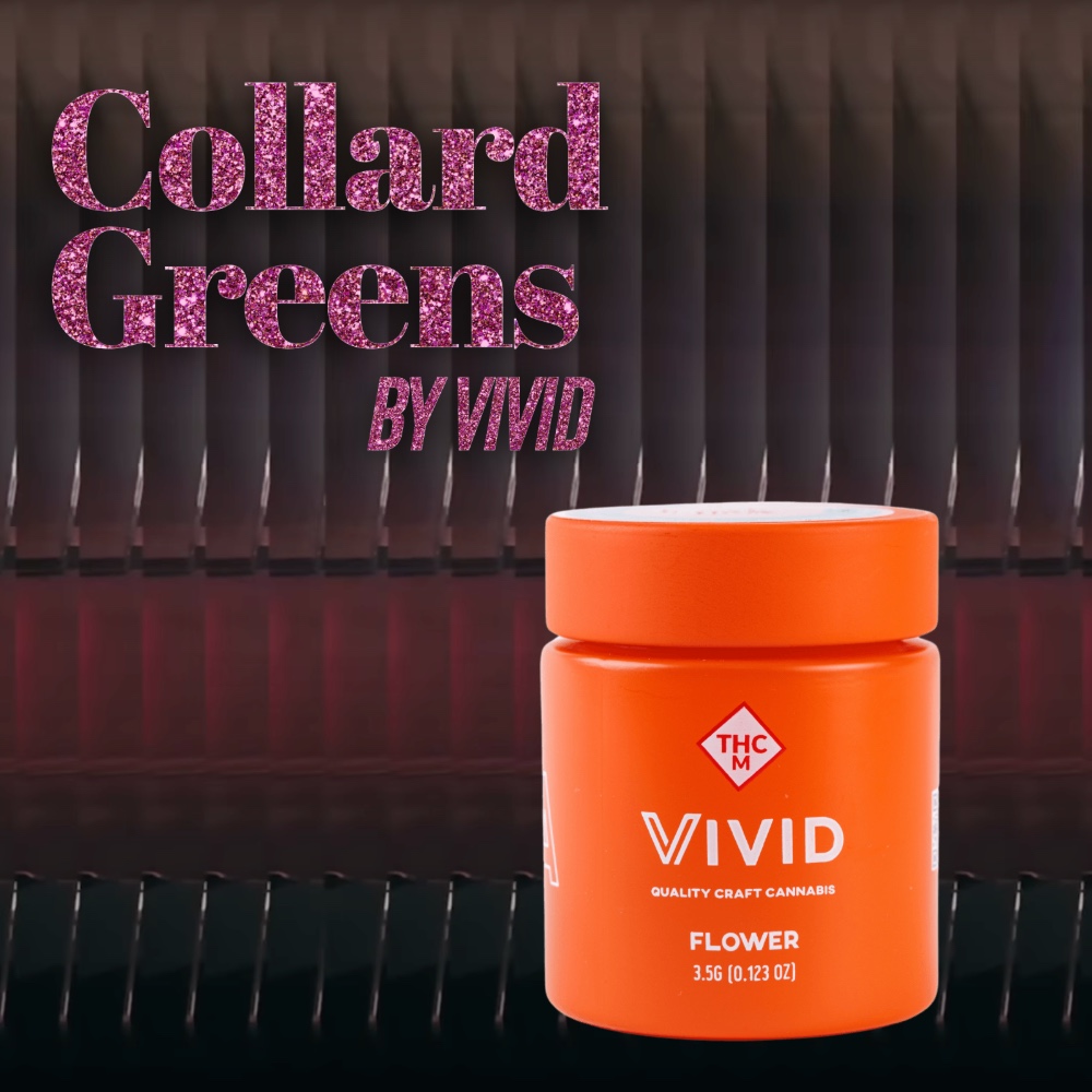 Vivid Quality Craft Cannabis flower jar, 3.5g size, for the Collard Greens cannabis strain for eldest daughter by taylor swift from the life of a showgirl
