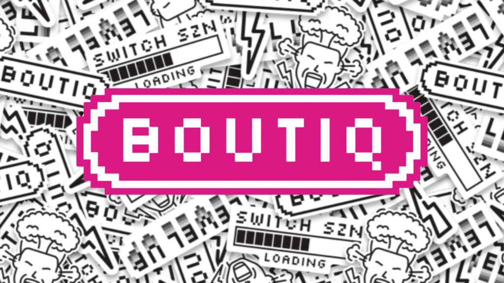 - Nature Med Dispensaries - Nature Med Dispensaries Bold magenta pixel-art badge with the word 'BOOT' in white, laid over a grayscale collage of loading/game stickers.