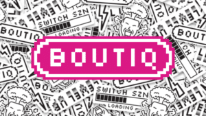 Bold magenta pixel-art badge with the word 'BOOT' in white, laid over a grayscale collage of loading/game stickers.