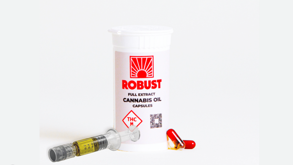 - Nature Med Dispensaries - Nature Med Dispensaries Robust Full Extract Cannabis Oil capsules bottle displayed with a Vivid brand clear oil dosing syringe and amber-colored FECO capsules on a white background.