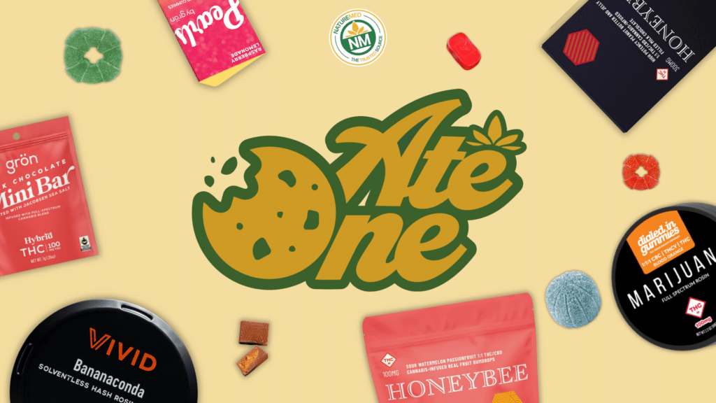 - Nature Med Dispensaries - Nature Med Dispensaries "Ate One" Edible Day holiday graphic surrounded by branded THC gummies, chocolates, and cannabis rosin edibles.