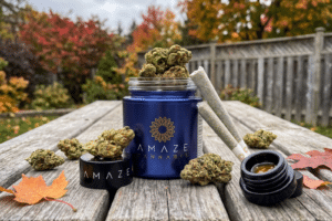 Amaze Cannabis NF1 strain product lineup on a wooden table with fall leaves, featuring a blue flower jar, pre-rolls, and concentrate jar.
