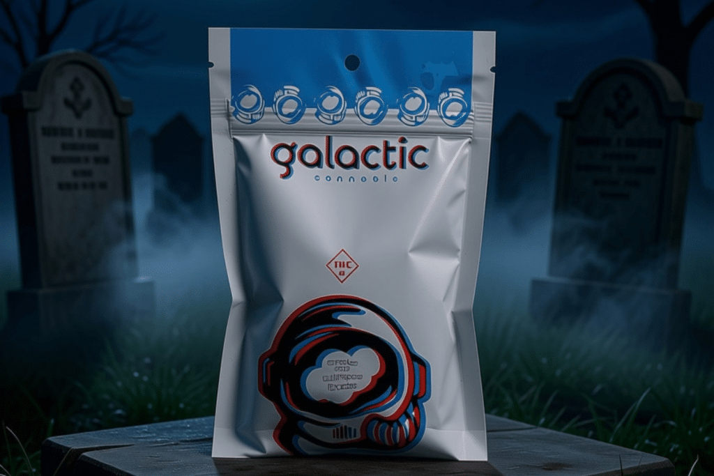 - Nature Med Dispensaries - Nature Med Dispensaries Galactic Cannabis pouch featuring the Boo Berry strain, displayed in a spooky, foggy graveyard setting for Halloween.