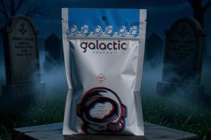 Galactic Cannabis pouch featuring the Boo Berry strain, displayed in a spooky, foggy graveyard setting for Halloween.