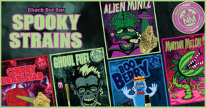 NatureMed Spooky Strains collage banner featuring Ghoul Fuel, Martian Melon, Boo Berry, Cherry Death Star, and Alien Mintz cannabis products.
