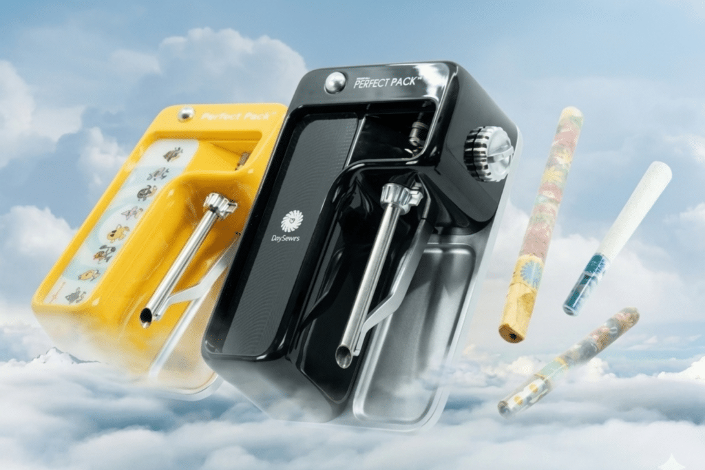 - Nature Med Dispensaries - Nature Med Dispensaries DaySavers Perfect Pack automated joint roller machines in black and yellow floating against a blue sky cloud background with finished pre-roll cones.